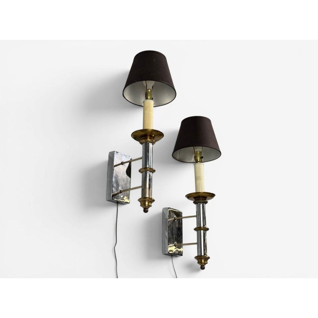 Tommi Parzinger, Large Wall Sconces, Chromed Steel, Brass, Fabric, Usa, 1950s For Sale In New York - Image 6 of 11