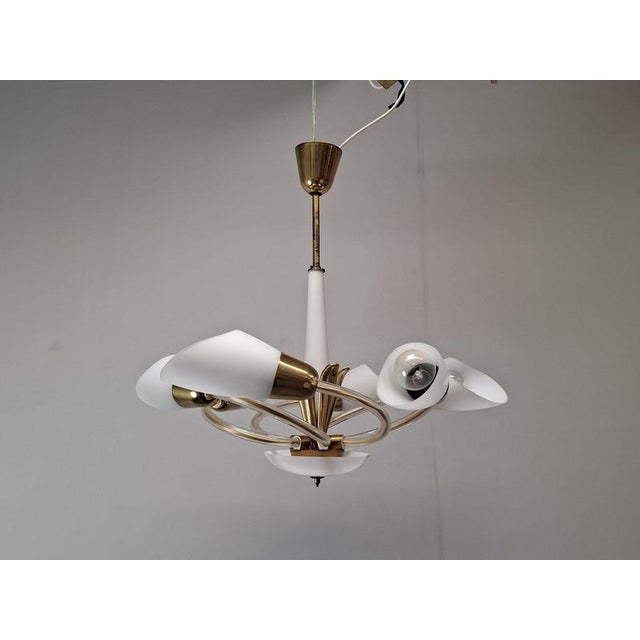 Mid-Century Czech Brass and Milk Glass 6-Light Chandelier, 1960s For Sale - Image 12 of 18