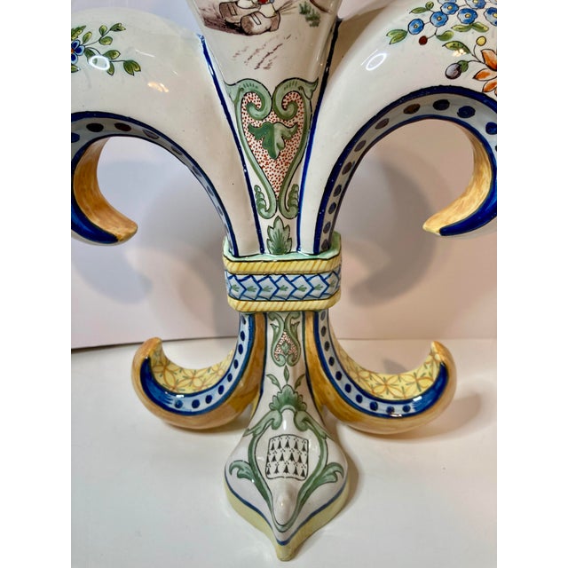 Antique Large Pair of French Hb Quimper Fleur De Lys Vases For Sale - Image 17 of 18