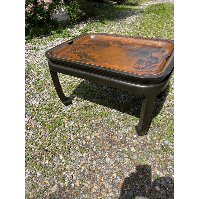 Antique Painted Metal Tray on Stand Depicting a Chinese Ceremonial Landscape For Sale - Image 4 of 10