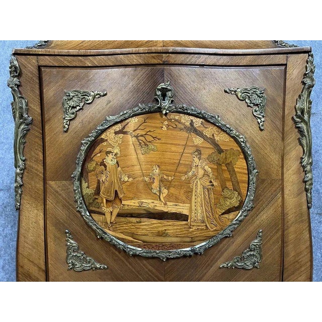 Louis XV Marquetry Secretaire with Gallant Scene in Gilt Bronze For Sale - Image 4 of 7