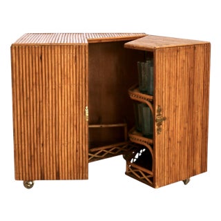 Corner Rattan Bar with Triangular Patterned Top, Brass Hardware and Casters and Wooden Interior with Shelves, Italy, 1970s For Sale