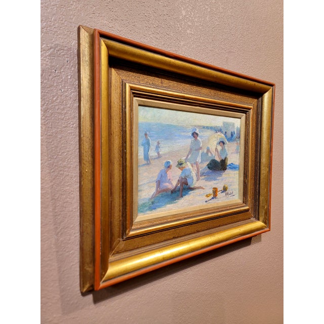 Jean Aristide Rudel- Mothers & Young Daughters at the Beach W/Parasol -1920s Oil Painting For Sale - Image 10 of 11