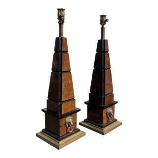 Maitland Smith Penshell Obelisk Brass Lion Head Accent Table Lamps - A Pair For Sale