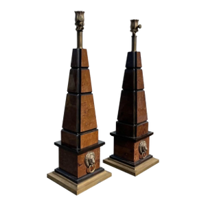 Maitland Smith Penshell Obelisk Brass Lion Head Accent Table Lamps - A Pair