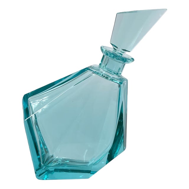 Bohemian Geometric Aqua Crystal Decanter, Former Czechoslovakia, 1960s For Sale
