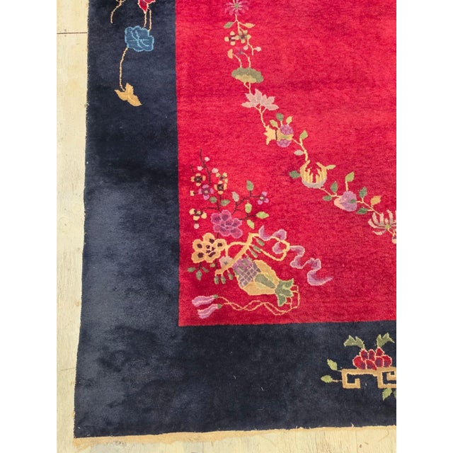 Antique Chinese Art Deco Red and Navy Blue Floral Wool Rug For Sale In Los Angeles - Image 6 of 7