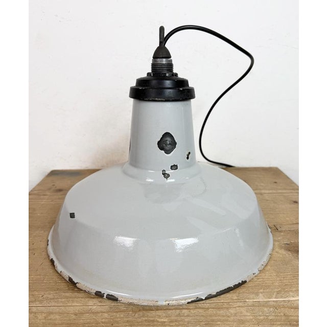Industrial Grey Enamel Factory Pendant Lamp, 1960s For Sale - Image 15 of 17