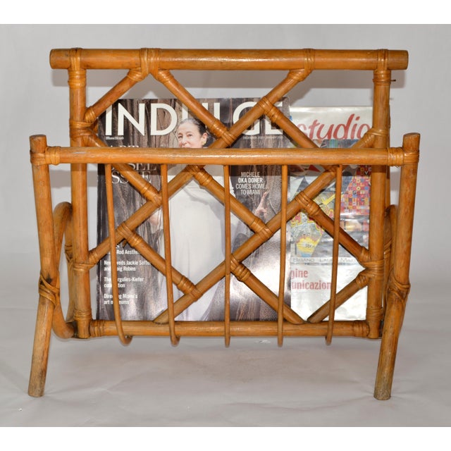 Vintage Boho Chic Bend Bamboo Caning Handwoven Magazine Rack Newspaper Stand For Sale - Image 13 of 16