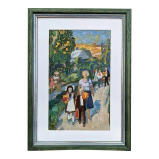 Mid-Century Modern "Off to School" Vintage Framed Oil Painting For Sale