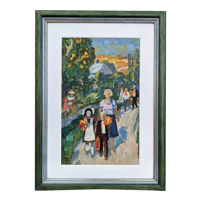 Mid-Century Modern "Off to School" Vintage Framed Oil Painting For Sale