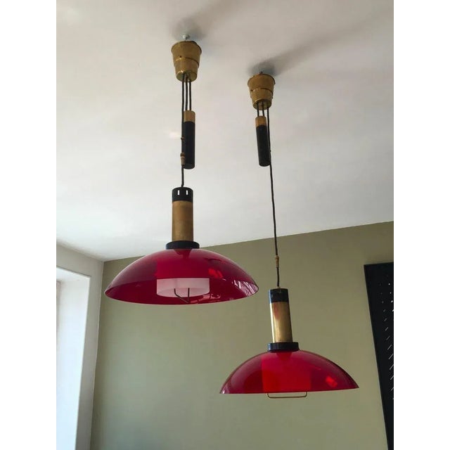 Mid-Century Modern Counterweight Red Acrylic Glass Pendant Lamps from Stilux Milano, Set of 2 For Sale - Image 4 of 4