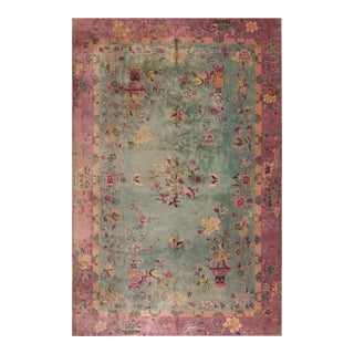 1920s Green Celadon Floral Vase Antique Chinese Art Deco Carpet 10' X 15'6" Knotted Wool Rug For Sale