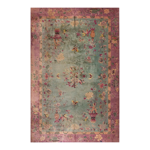 1920s Green Celadon Floral Vase Antique Chinese Art Deco Carpet 10' X 15'6" Knotted Wool Rug For Sale