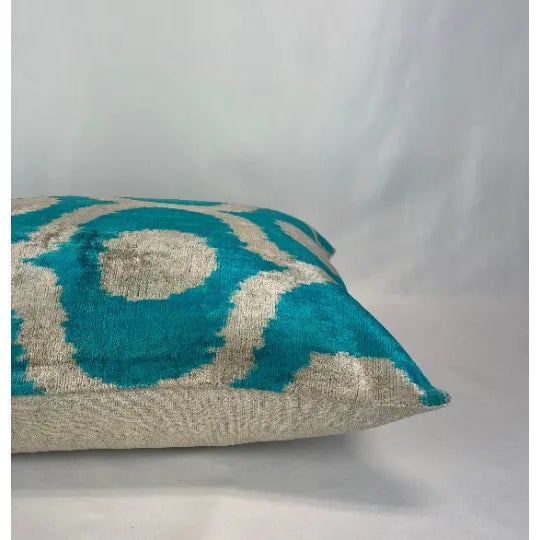 Turkish Modern Blue Velvet Silk Ikat Pillow Cover For Sale - Image 4 of 5