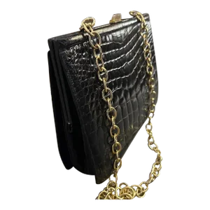 Elegant 1950s Retro Black Leather and Brass Italian Shoulder Bag