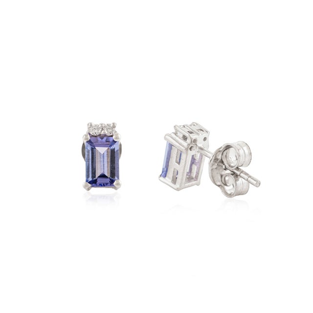 Vintage Emerald Cut Tanzanite & Diamond Stud Earrings in Sterling Silver- A Pair For Sale - Image 6 of 13
