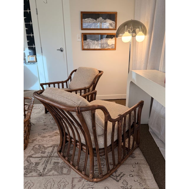 Ficks Reed 1960s Set of MCM Ficks Reed Lounge Chairs and Coffee Table - Rattan Reed Bamboo Boho Coastal For Sale - Image 4 of 16