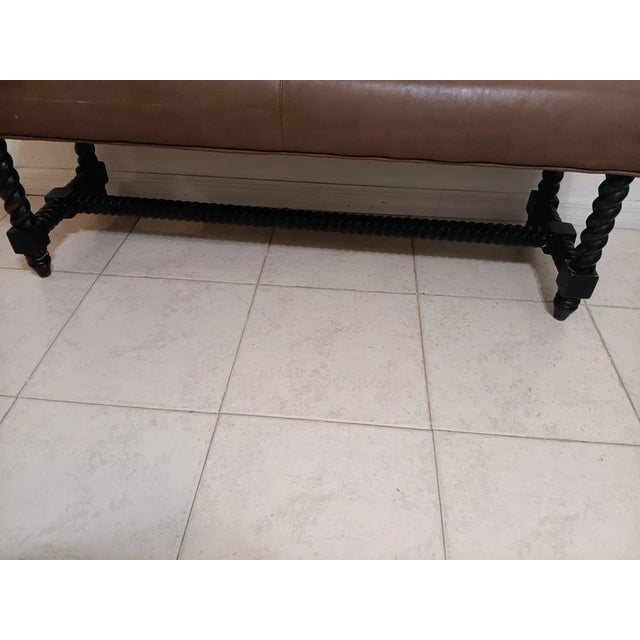1980s 1980s Upholstered Bench With Turned Legs Leather Seat Brown Dark Wood Frame For Sale - Image 5 of 5