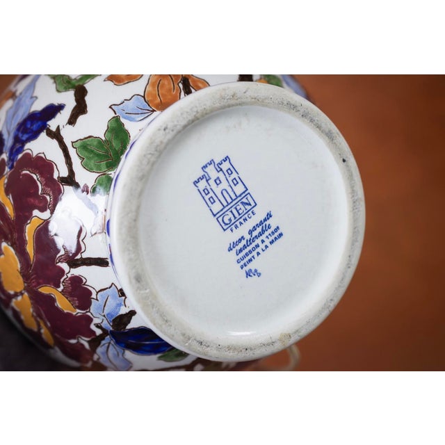 Polychrome Earthenware Lamp Base with Peony Decoration from Gien, France, 1971-1984 For Sale - Image 9 of 11