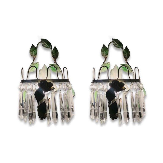Green Lacquered Iron and Crystal Wall Lamps, 1970s, Set of 2 For Sale - Image 4 of 5