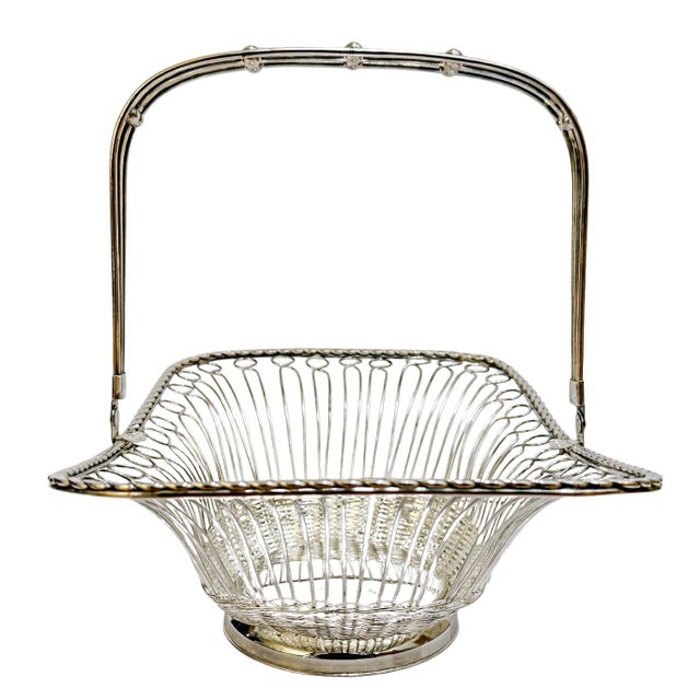 Metal Mid 20th Century Victorian Style Silver-Plated Wirework Centerpiece Basket With Folding Swing Handle For Sale - Image 7 of 8