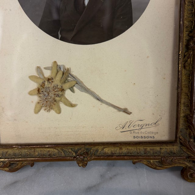 2000 - 2009 Antique French Ornate Gilt Metal Photo Frame With Original Portrait & Pressed Edelweiss For Sale - Image 5 of 7