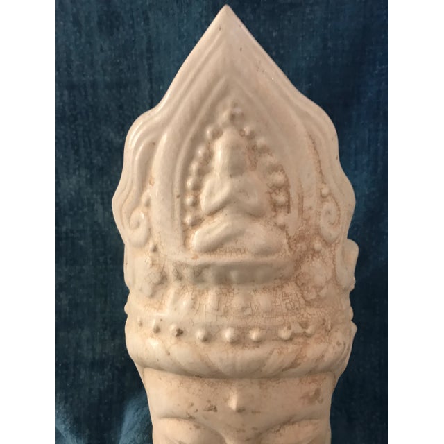 Majolica terra cotta Quan Yin Buddha head with crown, made by the Yao hill tribe of the Hunan province. Some wear. Wax...