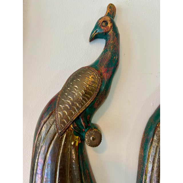 Vintage Wooden "Balinese" Peacock Trio in Brass & Wood For Sale In Miami - Image 6 of 10
