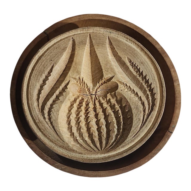 19th Century Primitive Carved Pineapple and Fern Butter Pat Press For Sale