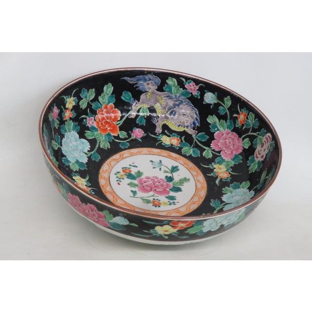 Black Asian Famille Noire Enamel Glazed Porcelain Centerpiece Bowl Floral Motif 4995b For Sale - Image 8 of 18