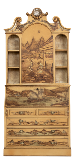 Hand-Painted Bureau Bookcase with Oriental Scenes, Barcelona, 1960s