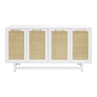 Matthew Izzo Home Macon Matte White Lacquer and Cane Four Door Cabinet With Brass Hardware For Sale