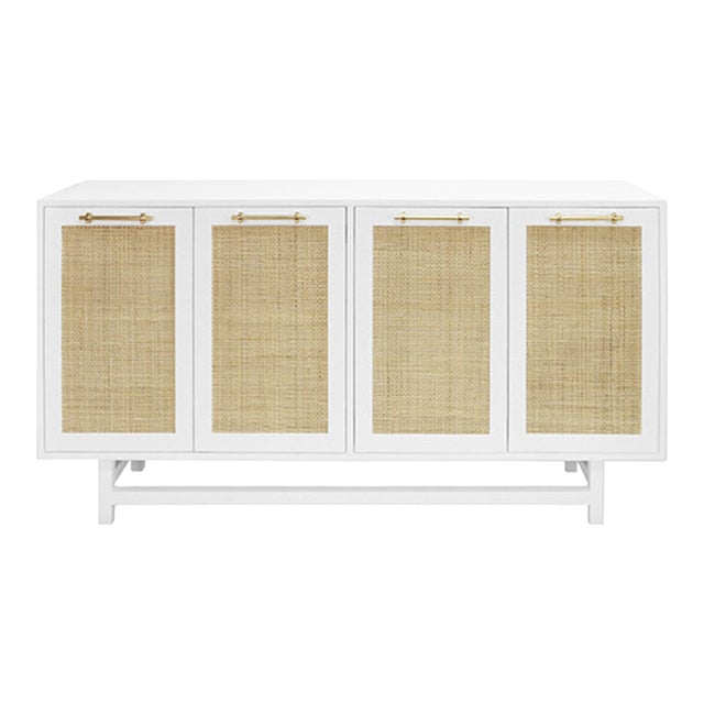 Matthew Izzo Home Macon Matte White Lacquer and Cane Four Door Cabinet With Brass Hardware For Sale