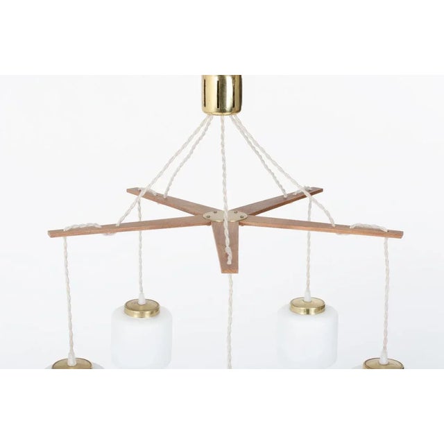 Pendant Light with 5 Lights in Teak & Opaline, 1950s For Sale - Image 6 of 12