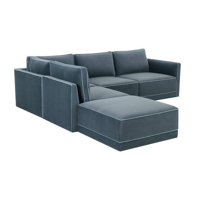 Boho Chic Willow Misty Blue with Pale Blue Piping Modular 5-Piece Performance Velvet LAF Sectional For Sale - Image 3 of 7