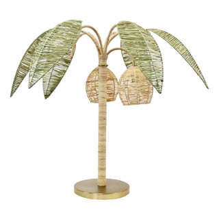 Matthew Izzo Home Sola Paper Rafia Palm Leaf and CoconutsTable Lamp With Brass Details For Sale
