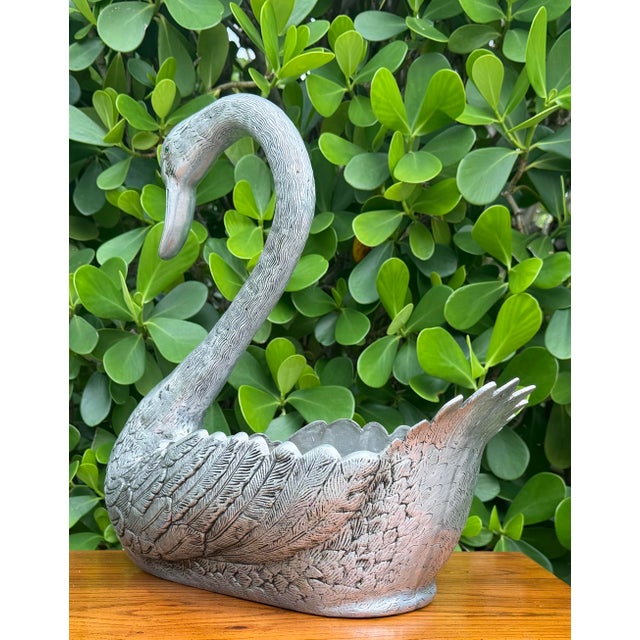 Vintage Saks Fifth Avenue Style Silvered Pewter Swan Cachepot Planter For Sale - Image 4 of 12