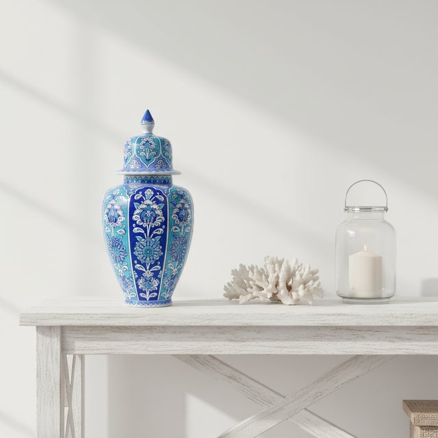 Turkish Handmade Ceramic Shah Vase (30cm) Turquoise and Dark Blue Vertical Panels Temple Jar For Sale - Image 3 of 8