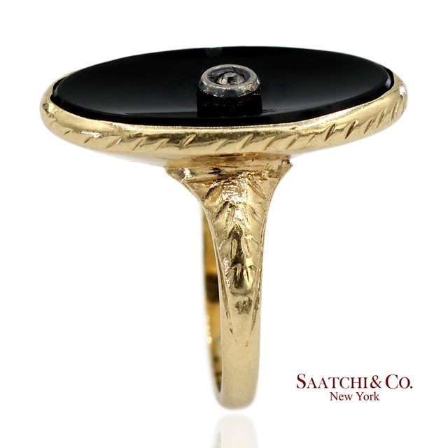 Art Deco 14k Solid Yellow Gold Oval Black Onyx and Diamond Ring, Size 4.5 For Sale - Image 3 of 12