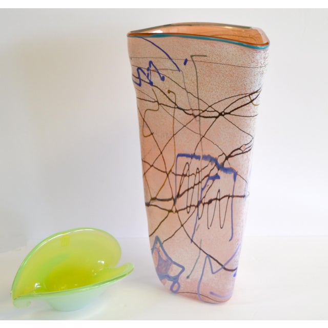 Glass 1980s Taylor Backes Triangle Shape Art Glass Colorful Op Art Vase For Sale - Image 7 of 12