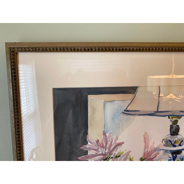 1980s Blue and White Ginger Jar Lamp Still Life Original Watercolor Painting, Framed For Sale - Image 4 of 10