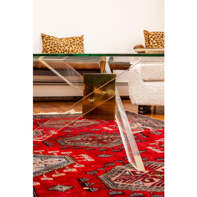 Mid Century Coffee Table With Angled Brass and Lucite Base With Triangle Glass Top. For Sale - Image 10 of 10