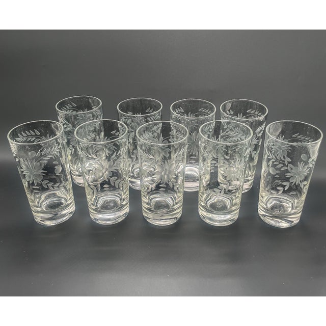 Mid-Century Modern Vintage Federal Glass Floral Etched Barware Service for 8 - 32 Piece For Sale - Image 3 of 12