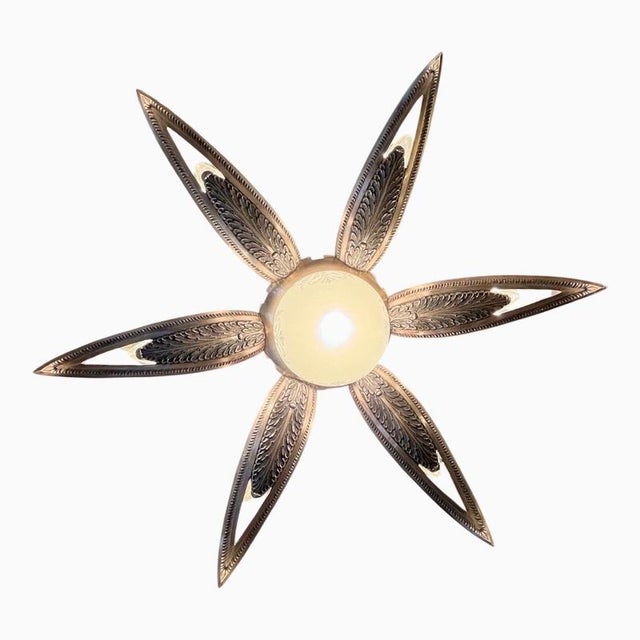 French Art Deco Gilt Bronze and Glass Starburst Pendant Light, 1935 For Sale - Image 3 of 10