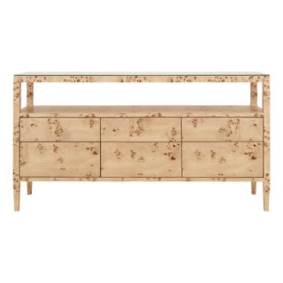 Matthew Izzo Home Jordan Light Burlwood Two Tier, Six Drawer Console Table With Glass Top and Polished Brass Knobs For Sale