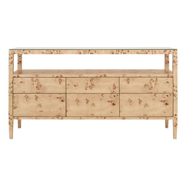 Matthew Izzo Home Jordan Light Burlwood Two Tier, Six Drawer Console Table With Glass Top and Polished Brass Knobs For Sale