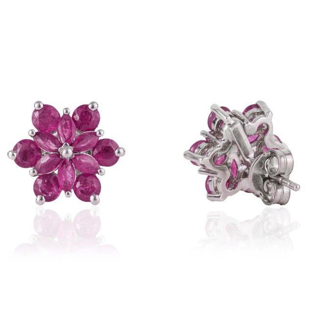 Contemporary 2.9 TCW Natural Ruby Rosette Flower Stud Earrings - Birthday Gift, a Pair For Sale - Image 3 of 10
