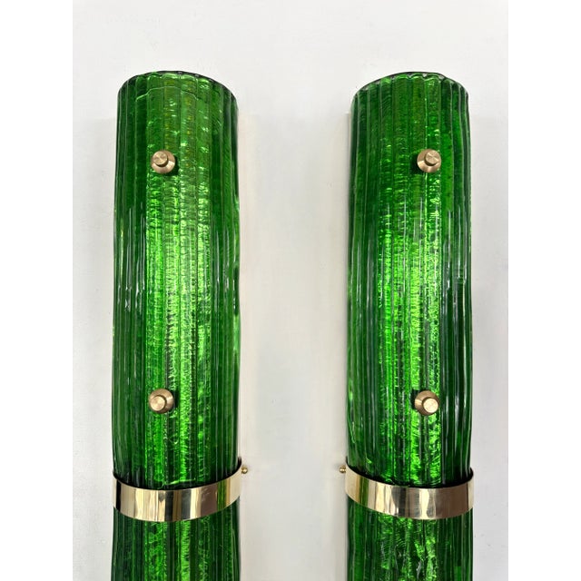 Contemporary Pair of Brass and Green Murano Glass Sconces, Italy For Sale - Image 9 of 12