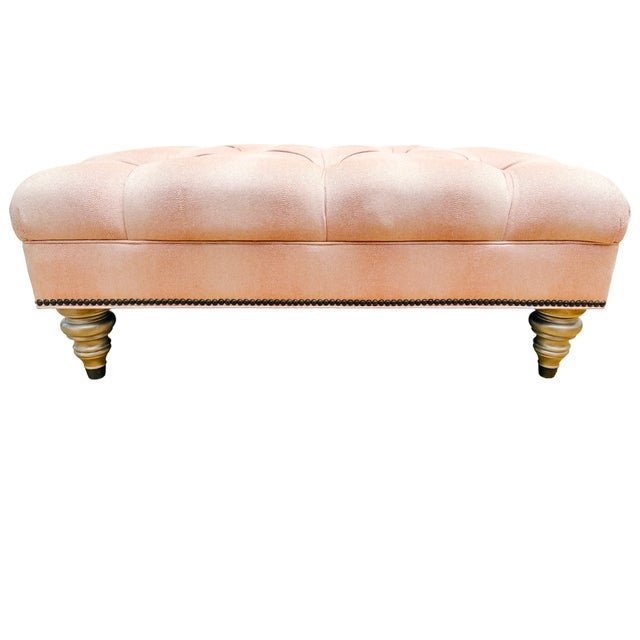 Ethan Allen Ethan Allen Custom Tufted Pink Textured Ottoman With Nailhead Trim For Sale - Image 4 of 11